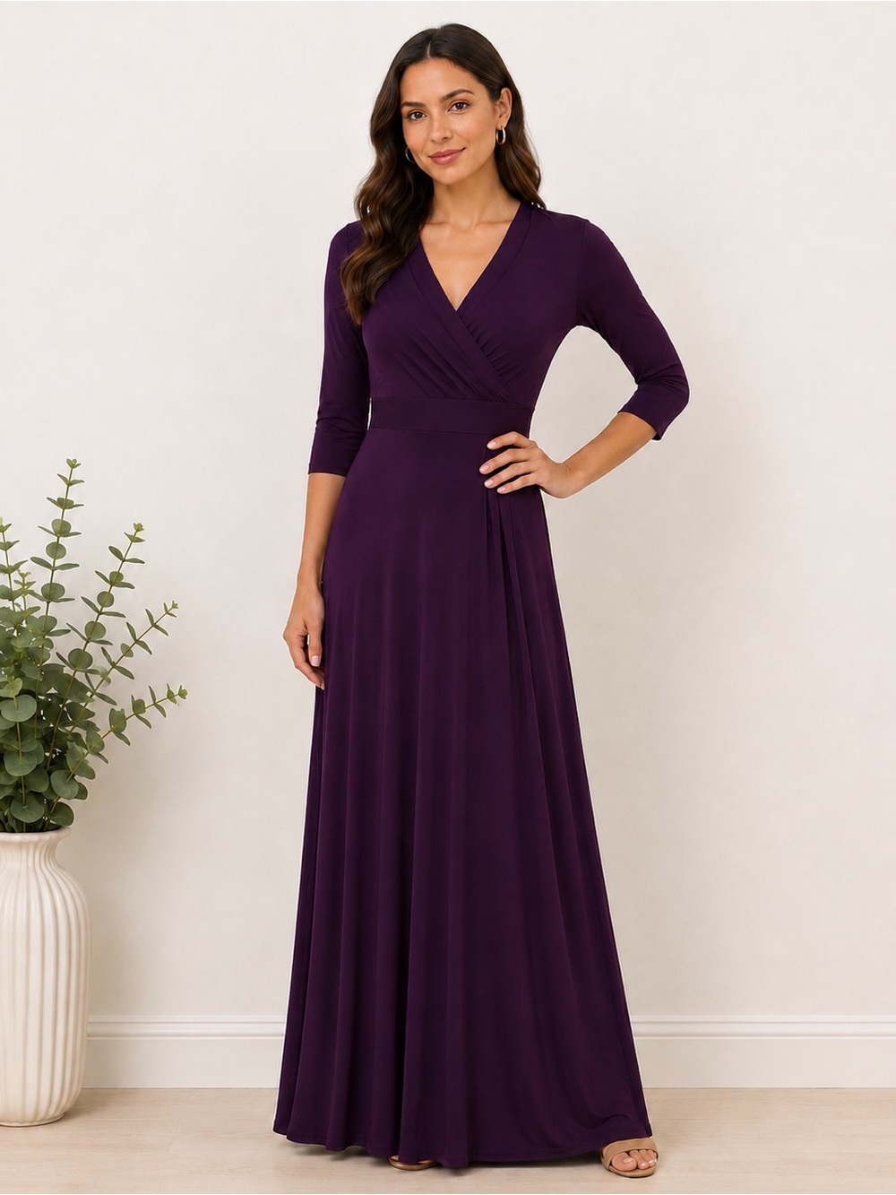 Ella Samani Women’s Plum Wrap Maxi Dress 3/4 Sleeve Medium